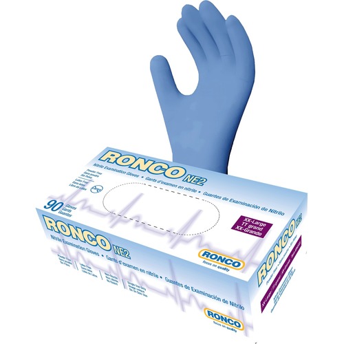 Ronco NE2 Nitrile Examination Glove (4 mil) - XXL Size - For Right/Left Hand - Blue - Powder-free, Flexible, Comfortable, Chemical Resistant, Solvent Resistant, Textured Grip, Fatigue-free, Latex-free - For Medical, Healthcare Working, Industrial, Dental,