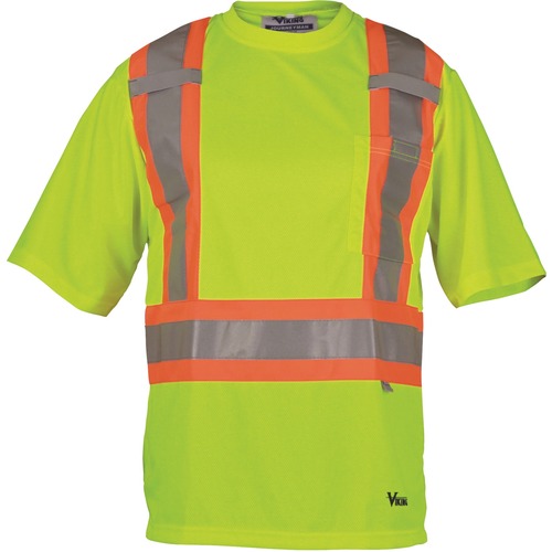Viking Journeyman Safety T-Shirt Medium Lime Green - Recommended for: Construction, Warehouse, Flagger - Chest Pocket, High Visibility, Breathable, Reflective, Hook & Loop, Cell Phone Pocket, Pen Slot - Medium Size - Polyester, Mesh - Lime Green - 1 Each - Safety Vests - VIK6006GM