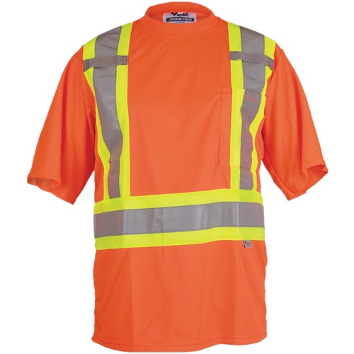 Viking Journeyman Safety T-Shirt Large Orange - Recommended for: Construction, Warehouse, Flagger - Chest Pocket, High Visibility, Breathable, Reflective, Hook & Loop, Cell Phone Pocket, Pen Slot - Large Size - Polyester, Mesh - Orange - 1 Each