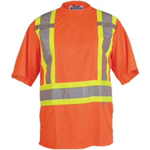 Viking Journeyman Safety T-Shirt X-Large Orange - Recommended for: Construction, Warehouse, Flagger - Chest Pocket, High Visibility, Breathable, Reflective, Hook & Loop, Cell Phone Pocket, Pen Slot - Extra Large Size - Polyester, Mesh - Orange - 1 Each - Safety Vests - VIK6006OXL