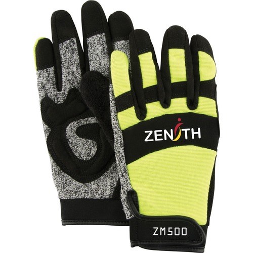 Zenith ZM500 Hi-Viz Cut Resistant Mechanic Gloves - Large Size - High Performance Polyethylene (HPPE) Palm - Yellow - Cut Resistant, Textured Fingertip, Ergonomic, Hook & Loop Cuff, Adjustable, Secure Fit - For Mechanical Work, Automotive, Small/Sharp Obj