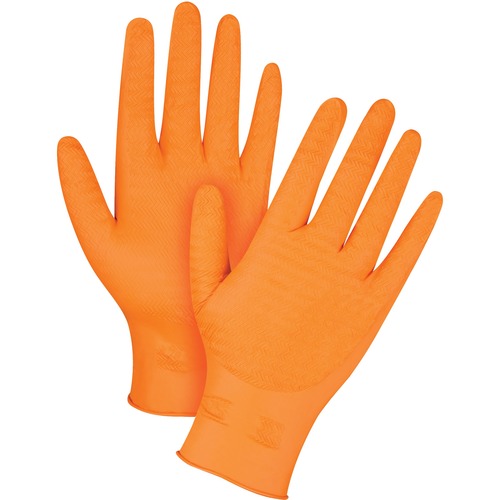Zenith Heavyweight Ultra Gripper Orange Nitrile Gloves - Oil, Grease, Organic Solvent Protection - Large Size - Nitrile - Orange - Latex-free, Textured Grip, Powder-free, Puncture Resistant, Tear Resistant, Beaded Cuff, Textured Finish, Heavyweight - For 