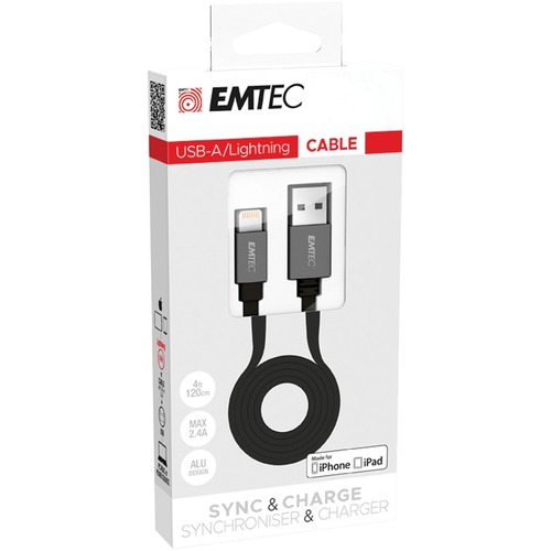 EMTEC USB-A to Lightning T700 - 3.9 ft Lightning/USB Data Transfer Cable for iPad, iPhone, Smartphone, Tablet - First End: 1 x Type A Male USB - Second End: 1 x Lightning Male Proprietary Connector - MFI
