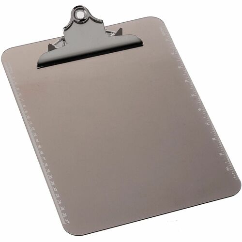 Clipboard provides a stylish, functional way to write when you're on-the-go and working without the convenience of a desk. Sturdy spring clip secures paper and is made of durable metal. Aligned eyelets on the clip make it easy to hang up and store. One long side is screen-printed in Imperial ruler markings in 1/16" up to 11" for handy measurements. The other side has centimeter markings up to 27 cm. Clipboard is made of durable molded plastic for lasting use. 