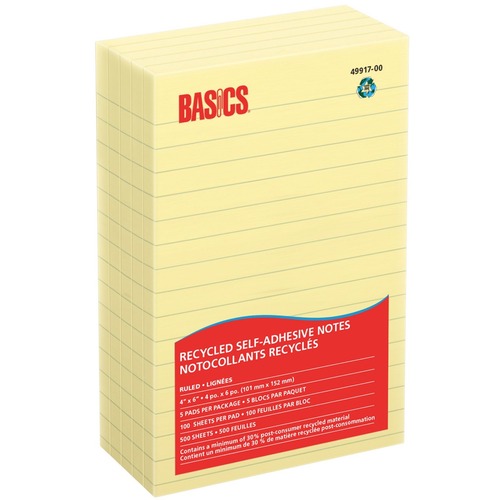 Basics Adhesive Note - Lined 100 Sheets per Pad - 4" x 6" - Yellow - 5 Pads/pkg