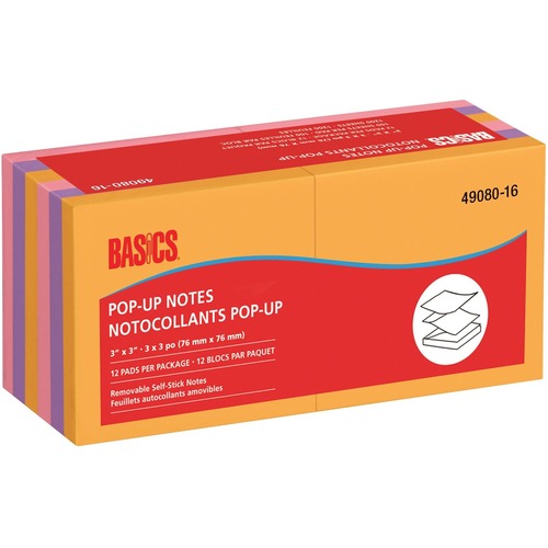 Basics Adhesive Note - 3"x3" 100 x Assorted - 100 Sheets per Pad - Assorted - Pop-up - 12 Pad