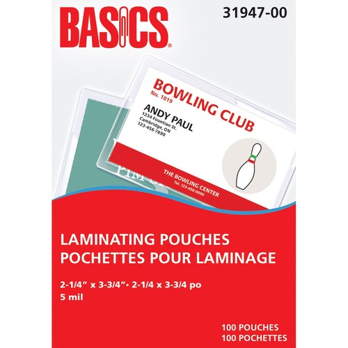 Basics Lamination Pouch - Sheet Size Supported: Business Card 2.25" (57.15 mm) Width x 3.75" (95.25 mm) Length - for Business Card - 100 / Pack