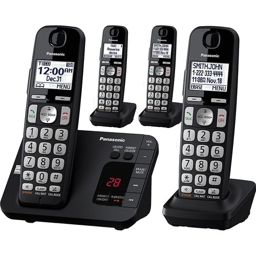 Panasonic KX-TGE434B DECT 6.0 Plus 1.90 GHz Cordless Phone - Black - Cordless - Corded/Cordless - 1 x Phone Line - 4 x Handset - Speakerphone - Answering Machine - Hearing Aid Compatible