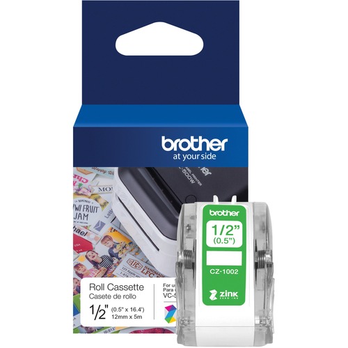 Brother Genuine CZ-1002 continuous length ½" (0.5") 12 mm wide x 16.4 ft. (5 m) long label roll featuring ZINK® Zero Ink technology - 1/2" Width - Zero Ink (ZINK) - Paper - 1 Each - Water Resistant