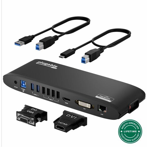 Plugable USB 3.0 Universal Laptop Docking Station for Windows and Mac - (Dual Monitor: HDMI and DVI/HDMI/VGA, Gigabit Ethernet, Audio, 6 USB Ports) - Horizontal