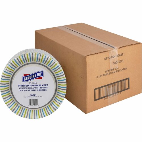 Genuine Joe 7" Printed Paper Plates - 125 / Pack - Disposable - 7" Diameter - Assorted - 4 / Carton