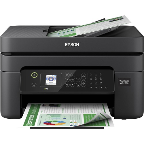 Epson WorkForce WF-2830 Wireless Inkjet Multifunction Printer - Color - Copier/Fax/Printer/Scanner - 5760 x 1440 dpi Print - Automatic Duplex Print - 100 sheets Input - Color Flatbed Scanner - 1200 dpi Optical Scan - Monochrome Fax - Wireless LAN - Mopria