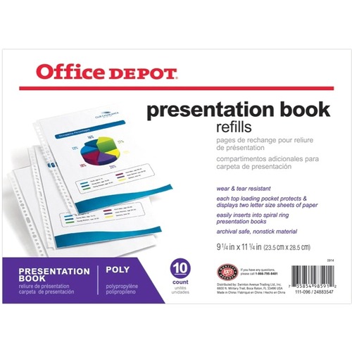 Office Depot Presentation Book Refill Sheets, 9 1/4" x 11 1/4" , Pack Of 10 - 2 x Sheet Capacity - 11 1/4" x 9 1/4" Sheet - 25 x Holes - Top Loading - Rectangular - Clear - 10 / Pack
