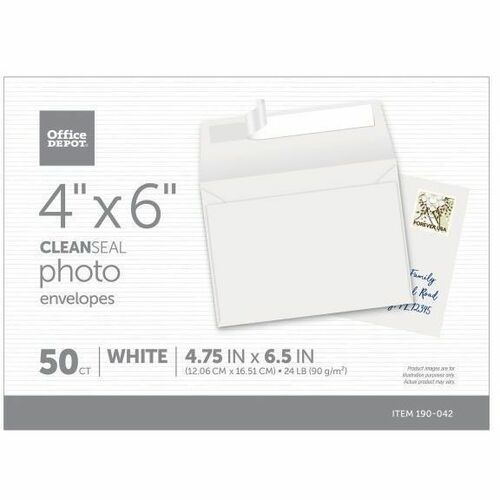 Office Depot® Brand Photo Envelopes, 4" x 6" , Clean Seal, White, Box Of 50 - Booklet - 6" Width x 4" Length - 24 lb - Peel & Seal - White - Paper - 50 Box