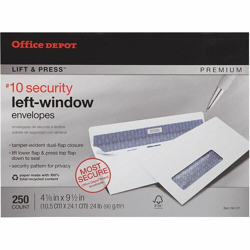 Office Depot® Brand #10 Lift & Press™ Premium Security Envelopes, Left Window, Self Seal, 100% Recycled, White, Box Of 250 - Single Window - #10 - 9 1/2" Width x 4 1/8" Length - 24 lb - Self-sealing - White - Paper - 250 Box