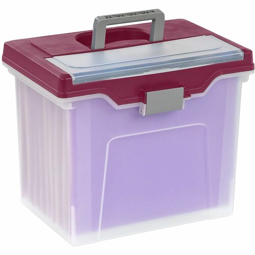 Office Depot® Brand Mobile File Box, Large, Letter Size, 11 5/8"H x 13 3/6"W x 10"D, Clear/Burgundy - External Dimensions: 13.8" Width x 10.2" Depth x 11.7" Height - Media Size Supported: Letter 8.50" x 11" - Buckle Closure - Plastic, Polypropylene - 