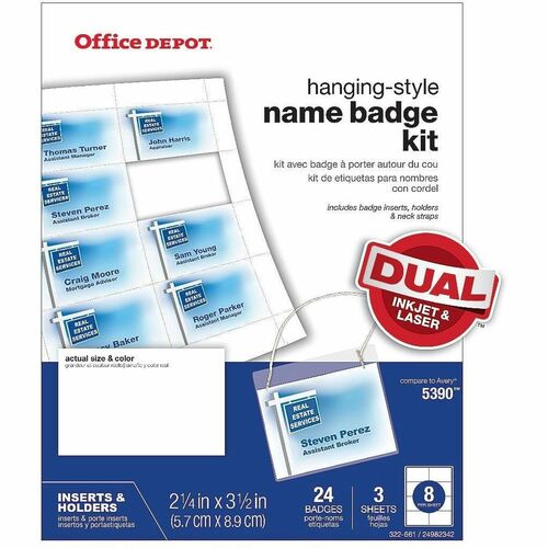 Office Depot® Brand Name Badge Kit, Hanging-Style, Convention Size, 2-1/4" x 3-1/2" , Pack Of 24 - 2.25" Holding Width x 3.50" Holding Height - Rectangular Shape - Hanging - Clear - 24 / Each