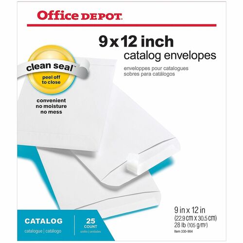 Office Depot® Brand 9" x 12" Catalog Envelopes, Clean Seal, White, Pack Of 25 - Catalog - #10 1/2 - 12" Width x 9" Length - 28 lb - Peel & Seal - White - Paper - 25 / Pack