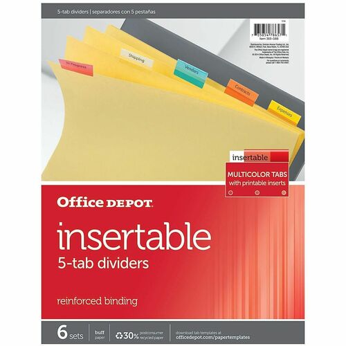 Office Depot® Brand Insertable Dividers With Tabs, 8 1/2" x 11" , Multicolor, 5Tab, Pack Of 6