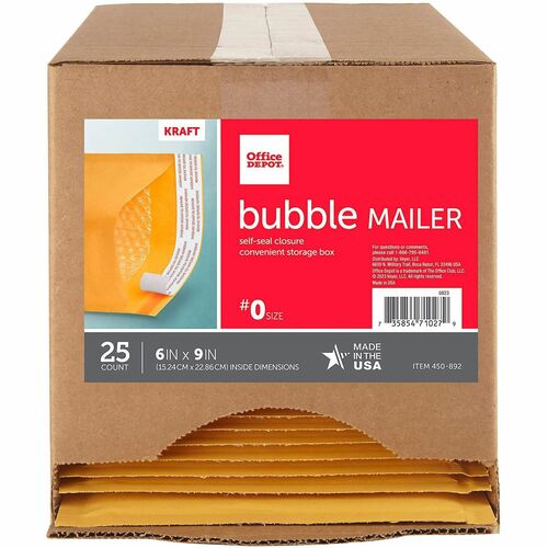 Office Depot® Brand Self-Sealing Bubble Mailers, Size 0, 6" x 9" , Pack Of 25 - Bubble - 9" Width x 6" Length - Self Adhesive - Kraft - Plastic - 25 Pack