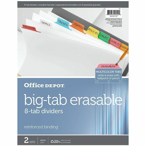 Office Depot® Brand Erasable Big Tab Dividers, 8-Tab, Multicolor, Pack Of 2 Sets - 8 x Divider(s) - 8 Blank Side Tab(s) - Letter - 8.50" Width x 11" Length - 3 Hole Punched - White Divider - Multicolor Card Stock Tab(s) - 20% Recycled - Erasable, Lami