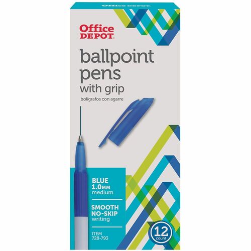 Office Depot® Brand Grip Ballpoint Pens, Medium Point, 1.0 mm, White Barrel, Blue Ink, Pack Of 12 Pens - 1 mm Medium Pen Point - Blue Ink - Nickel Silver Tip - 12 / Dozen
