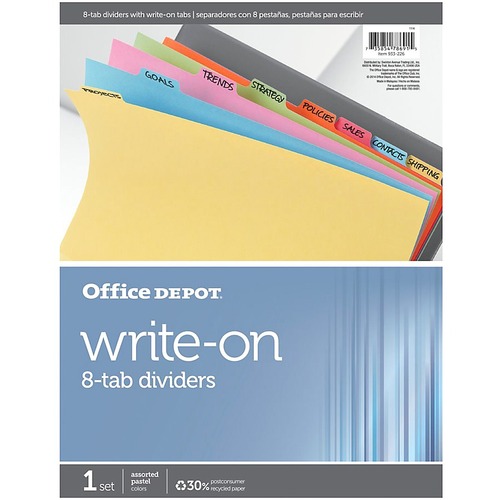 Office Depot Plain Dividers With Write-On Tabs, Multicolor, 8-Tab - 8 x Divider(s) - 8 Write-on Assorted Tab(s) - 1/5 - Letter - 8.50" Width x 11" Length - Assorted Divider - Multicolor Paper, Assorted Manila Tab(s) - Recycled - Pre-punched, Sturdy Set