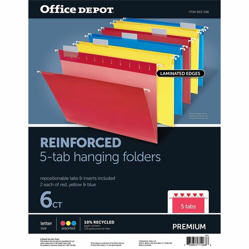 Office Depot® Brand Reinforced Hanging File Folders, 8 1/2" x 11" , Letter Size, Assorted Colors, Pack Of 6 Folders - 8 1/2" x 11" - 0" Expansion - Paper - Blue, Yellow, Red - Tab - 10% Recycled - 6 Pack