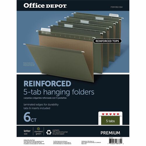 Office Depot® Brand Reinforced Hanging File Folders, 8 1/2" x 11" , Letter Size, Standard Green, Pack Of 6 Folders - 8 1/2" x 11" - 0" Expansion - Paper - Green - Tab - 10% Recycled - 6 Pack