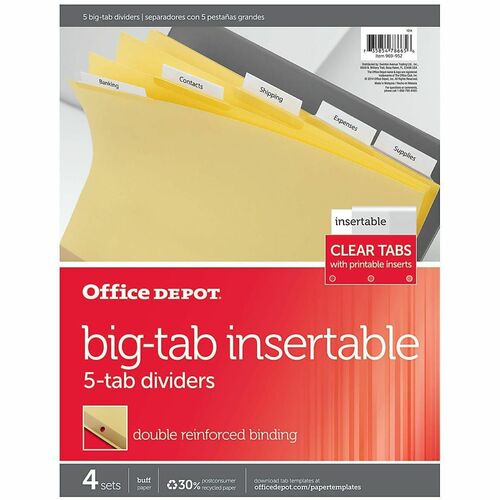 Office Depot® Brand Insertable Dividers With Big Tabs, Buff, Clear Tabs, 5-Tab, Pack Of 4 Sets - 5 x Divider(s) - 5 Blank Assorted Tab(s) - Letter - 8.50" Width x 11" Length - 3 Hole Punched - Buff Divider - Clear Plastic Tab(s) - 20% Recycled - Reinf
