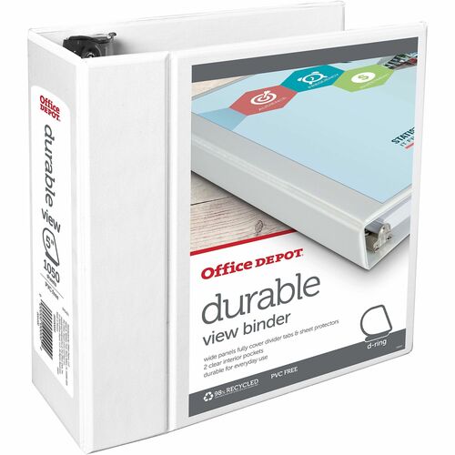 Office Depot® Brand Durable View 3-Ring Binder, 5" Slant Rings, White - 5" Binder Capacity - Letter - 8 1/2" x 11" Sheet Size - 1050 Sheet Capacity - 5" Ring - 3 x Slant Ring Fastener(s) - 5 Internal Pocket(s) - Polypropylene - White - Recycled - Lock