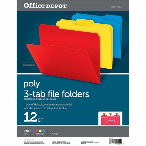 Office Depot® Brand Poly File Folders, Letter Size, 1/3 Cut, Assorted Colors, Pack Of 12 - 8 1/2" x 11" - Capacity3/4" Expansion - Top Tab Location - Assorted Tab Position - Plastic - Blue, Yellow, Red - 0% Recycled - 12 Pack