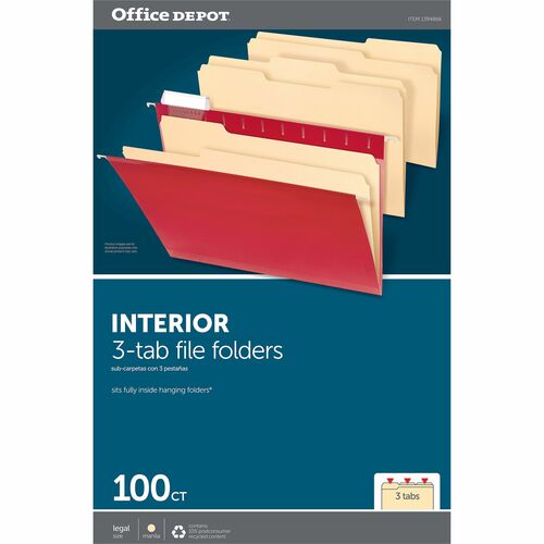 Office Depot® Brand Interior File Folders, 1/3 Cut, Legal Size, Manila, Box Of 100 - 8 1/2" x 14" - Capacity0" Expansion - Top Tab Location - Assorted Tab Position - Manila - Manila - 10% Recycled - 100 Box