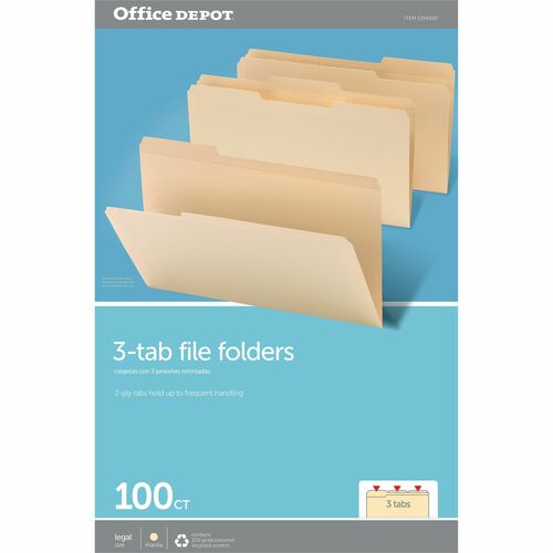 Office Depot® Brand Reinforced File Folders, 1/3-Cut Tabs, Legal Size, Manila, Box Of 100 - 8 1/2" x 14" - Capacity0" Expansion - Top Tab Location - Assorted Tab Position - Manila - Manila - 10% Recycled - 100 Box