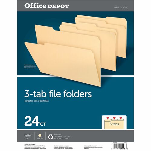 Office Depot® Brand File Folders, 1/3 Tab Cut, Letter Size, Manila, Pack of 24 Folders - 8 1/2" x 11" - Assorted Tab Position - Manila - 0% Recycled - 24