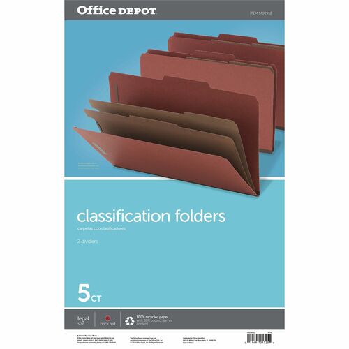 Office Depot® Brand Classification Folders, 2 1/2" Expansion, Legal Size, 2 Dividers, 100% Recycled, Red, Pack Of 5 Folders - 8 1/2" x 14" - Capacity2 1/2" Expansion - Top Tab Location - Center Tab Position - 2 Divider(s) - Card Stock - Red - 100% Rec