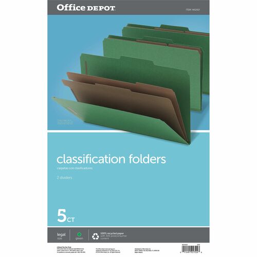 Office Depot® Brand Classification Folders, 2 1/2" Expansion, Legal Size, 2 Dividers, 100% Recycled, Light Green, Pack Of 5 Folders - 8 1/2" x 14" - Capacity2 1/2" Expansion - Top Tab Location - Center Tab Position - 2 Divider(s) - Card Stock - Green 