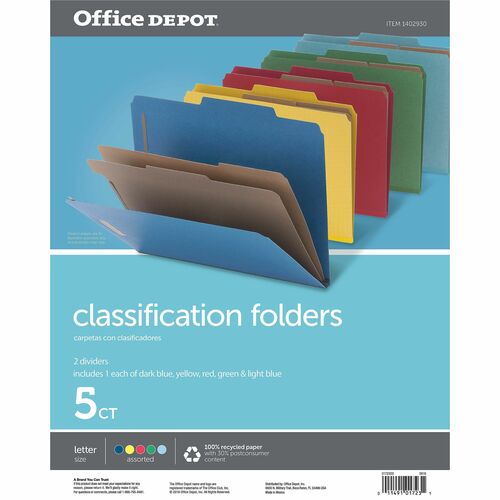 Office Depot® Brand Classification Folders, 2-1/2" Expansion, 2 Dividers, 8 1/2" x 11" , Letter, 83% Recycled, Assorted, Box of 5 - 8 1/2" x 11" - 2 1/2" Expansion - 6 Fastener(s) - 2" Fastener Capacity - Top Tab Location - Center Tab Position - 2 Div