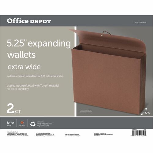 Office Depot® Brand Paper Tyvek Extra-Wide Wallets,, 1 Pocket, Expansion 5-1/4" , 8 1/2" x 11" , Letter, Brown, Pack of 2 - 8 1/2" x 11" - Capacity5 1/4" Expansion - 1 Pocket(s) - Top Tab Location - Paper - Brown - 10% Recycled - 2 Pack