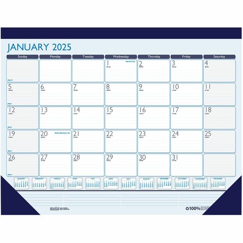 House of Doolittle Contempo Desk Pad - Large Size - Professional - Julian Dates - Monthly - 12 Month - January 2024 - December 2024 - 1 Month Single Page Layout - Desk Pad - Teal, Blue - Leatherette - 17" Height x 22" Width - Reference Calendar, Ruled Dai