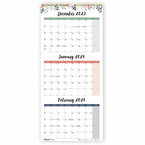 Blueline 3-Month Colorful Wall Calendar - Professional - Julian Dates - Monthly - 14 Month - December 2024 - January 2026 - 3 Month Single Page Layout - 12 1/4" x 27" Sheet Size - Twin Wire - Hook & Loop - Floral - Paper - Notes Area, Reminder Section, Mo