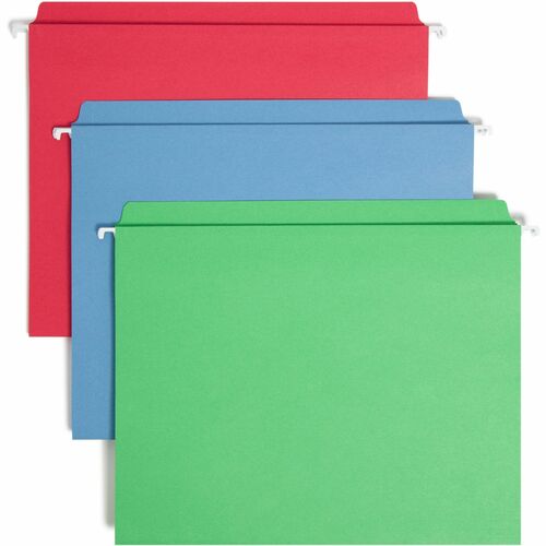 Smead FasTab Straight Tab Cut Letter Recycled Hanging Folder - 8 1/2" x 11" - Assorted Position Tab Position - Blue, Green, Red - 10% Recycled - 18 / Box