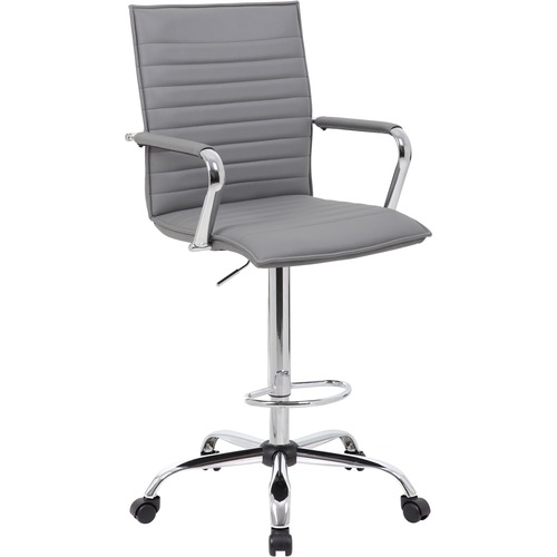 Boss Ribbed Design Drafting Stool - Gray Vinyl Seat - Gray Vinyl Back - Chrome Frame - 5-star Base - 20" Seat Width x 18" Seat Depth - 23" Width x 26"