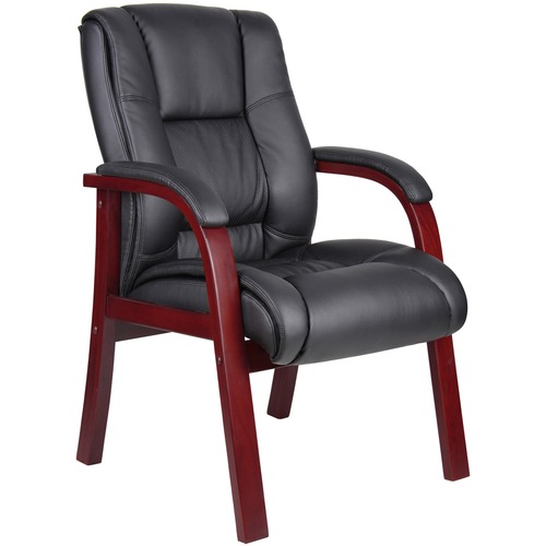 Boss B8999-M Guest Chair - Black Vinyl Seat - Black Vinyl Back - Mahogany Frame - Mid Back - Four-legged Base - 1 Each