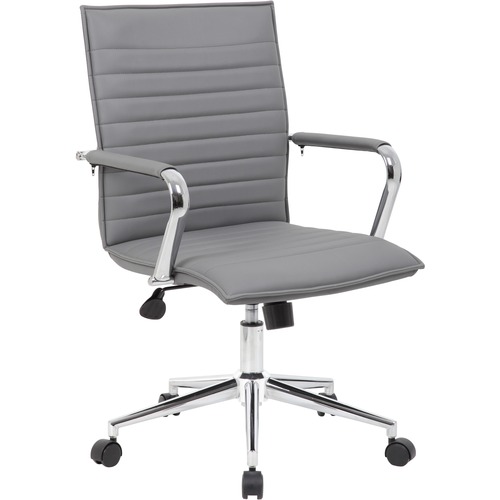 Boss Grey Vinyl Hospitality Chair - Gray Vinyl Seat - Gray Vinyl Back - Chrome Frame - 5-star Base - 20" Seat Width x 18" Seat Depth - 26" Width x 23"