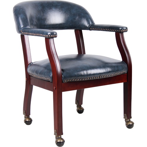 Boss Captain's Chair In Blue Vinyl with Casters - Blue Vinyl Seat - Blue Vinyl Back - Mahogany Hardwood Frame - Four-legged Base