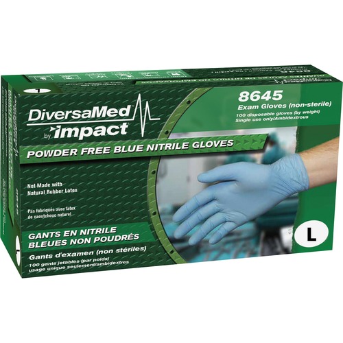 DiversaMed 4 Mil Powder Free Exam Gloves - Large Size - For Right/Left Hand - Nitrile - Blue - Durable, Latex-free, Powder-free, Disposable, Beaded Cu