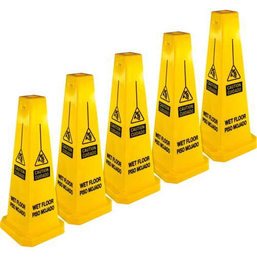 Genuine Joe Bright 4-sided Caution Safety Cone - 5 / Carton - English, Spanish - 10" Width x 24" Height x 10" Depth - Cone Shape - Stackable - Industrial - Polypropylene - Yellow