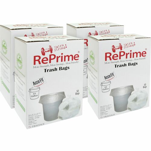 Heritage RePrime AccuFit 44-gal Can Liners - 44 gal Capacity - 37" Width x 50" Length - 0.90 mil (23 Micron) Thickness - Low Density - Clear - Linear Low-Density Polyethylene (LLDPE) - 4/Carton - 50 Per Box - Garbage