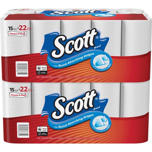 Scott Paper Towels Choose-A-Sheet - Mega Rolls - 1 Ply - 102 Sheets/Roll - White - Perforated, Absorbent, Durable - For Home, Office, School - 30 / Ca